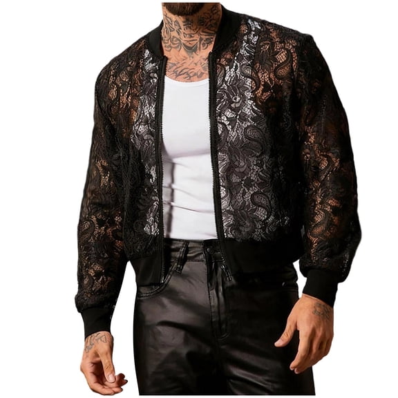 YLSDY Men's Cropped Sheer Floral Lace Bomber Jackets Mock Neck Long Sleeve See Through Coats Zip Up Outerwear Black XXL