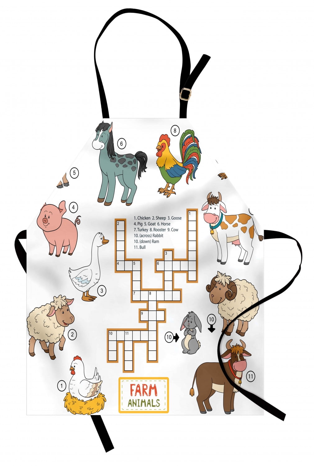 Kids Game Apron Crossword Educational Puzzle for Children with Different Farm Animals and