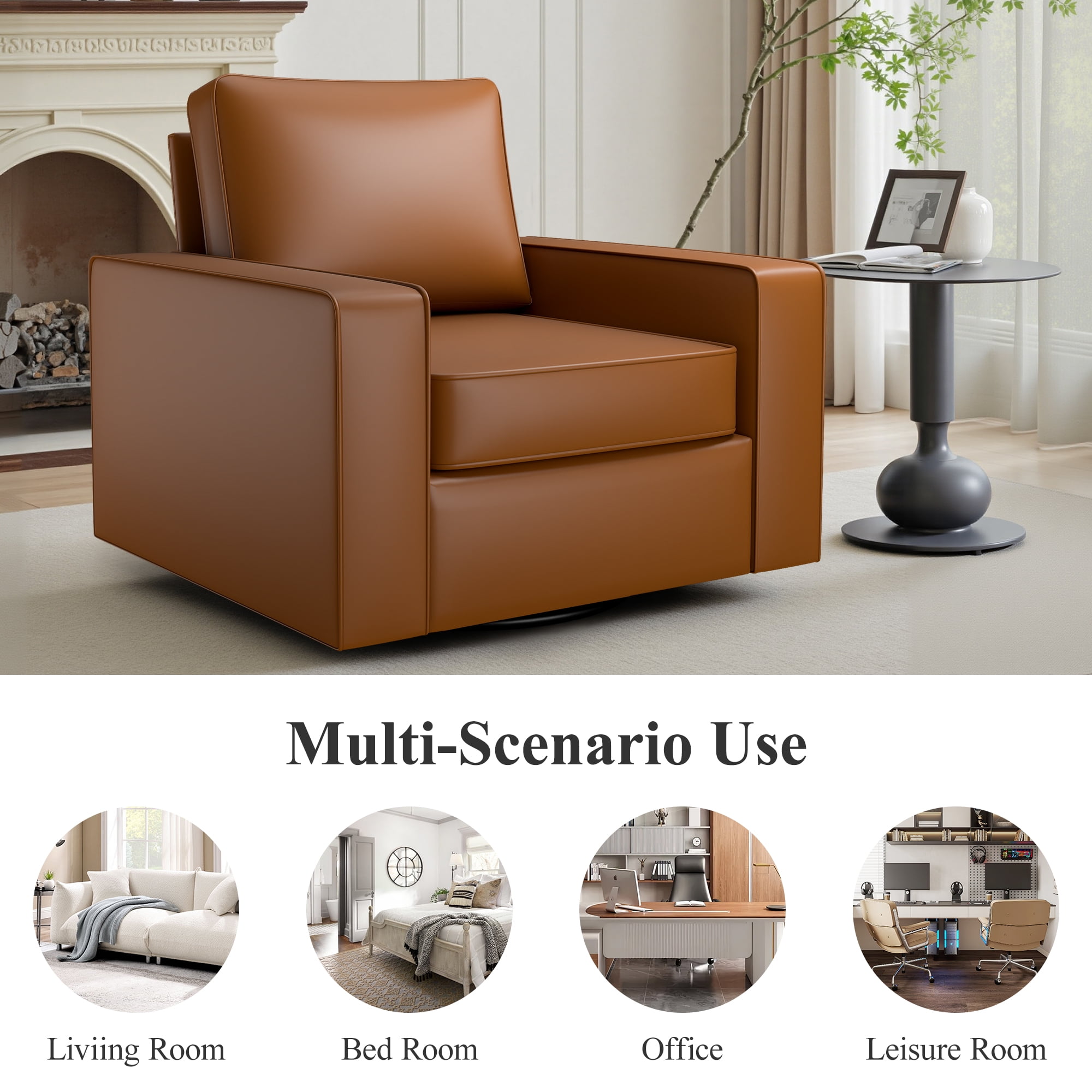 COOLHUT 360° Swivel Accent Chair Set of 1, 36.2" Wide PU Leather Accent Chair Armchair, Comfy Upholstered Single Sofa Chair for Living Room and Bedroom, Brown