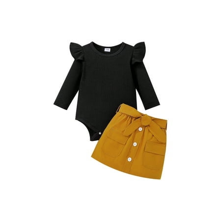 

Baby Romper Ribbed Ruffle Long Sleeve Romper + Button Skirt with Belt
