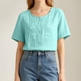 thumbnail image 4 of QUNYINEY Solid Womens Tops Cotton Linen Short Sleeve Summer T Shirts Button Loose Fit Crew Neck Pullover Embroidered Tops, 4 of 8