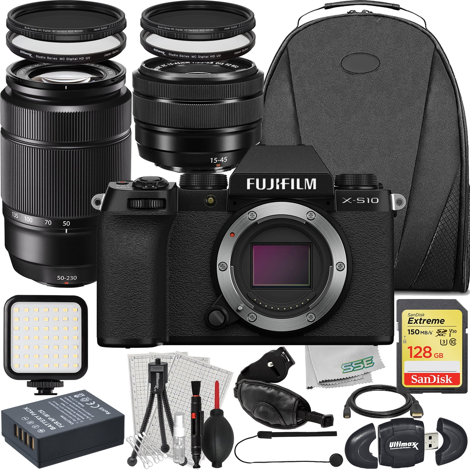 Ultimaxx Advanced Bundle + Fujifilm X-S10 Mirrorless Camera (Black) with XC  15-45mm OIS PZ & XC 50-230mm OIS II Lenses + SanDisk 128GB Extreme SDXC & 