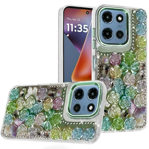 For Motorola Moto G 5G 2025 Muti-Color Floral Bling Stones Ornaments Case - Green