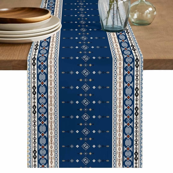 Navy Blue Boho Table Runner 36 Inches, Vintage Ethnic Tribe Abstract Art Bed Runner Dresser Scarves Tabletop for Indoor Outdoor Parties/Ceremony/Banquet, 13"x 36"
