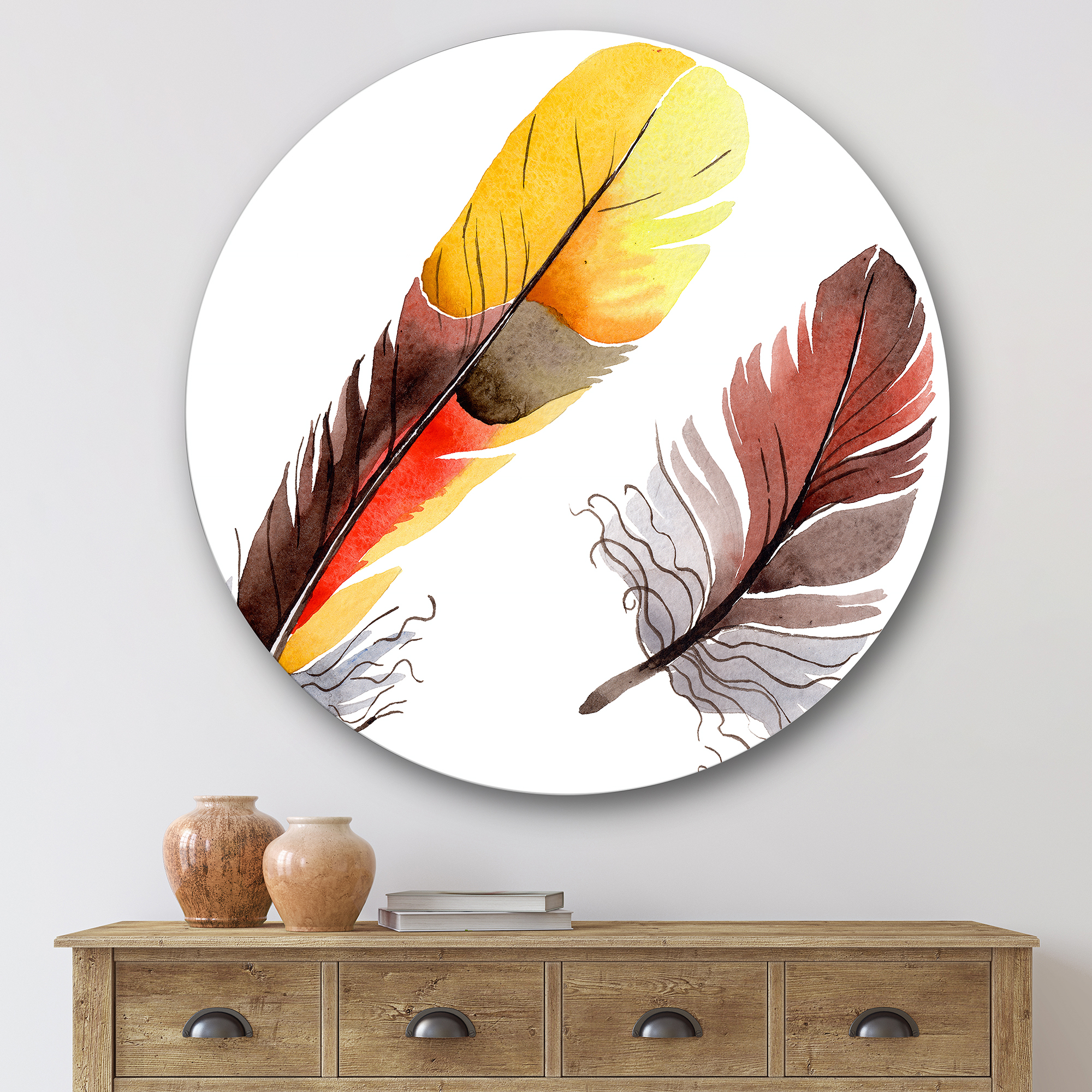 Designart 'Colourful Boho Art Feathers IV' Bohemian & Eclectic Circle Metal Wall Art 29x29 - Disc of 29