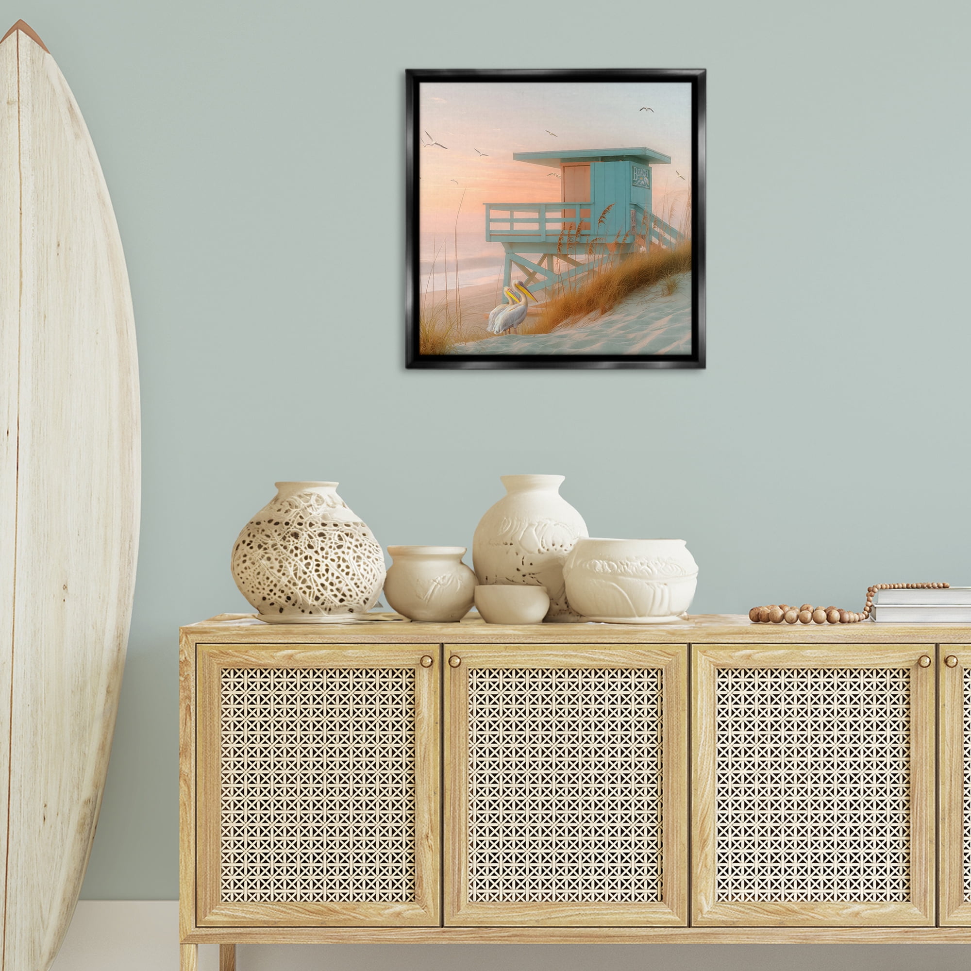 Stupell Industries Coastal Charm Beach Hut Coastal Painting Black Floater Framed Canvas Art Print Wall Art, 25 x 25