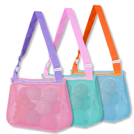 

3Pcs Mesh Beach Bag with Adjustable Carrying Straps Sea Shell Bags Large Capacity Beach Toy Mesh Bag Foldable Sand Toys Swimming Bag for Boys and Girls Gift