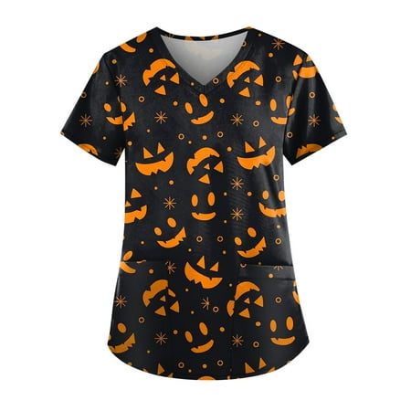 

Sksloeg Sksloeg Women s Plus Size Scrub Tops Comfortable Pumpkin Cat Witch Print Tops Nursing Working Uniform Short Sleeve V-Neck T-Shirts with Pockets Black L