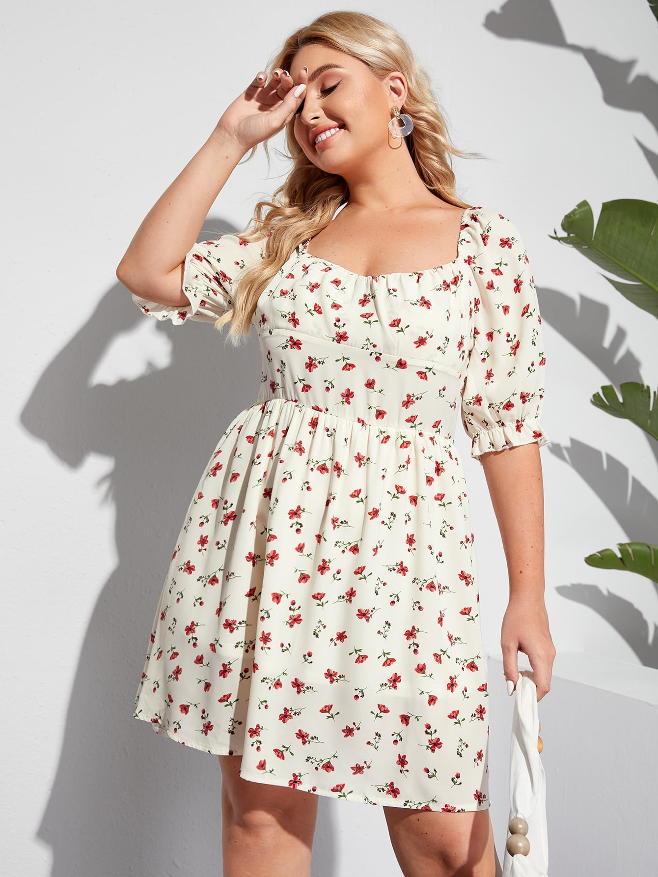 Plus Size Floral Print Sweetheart Neck ...