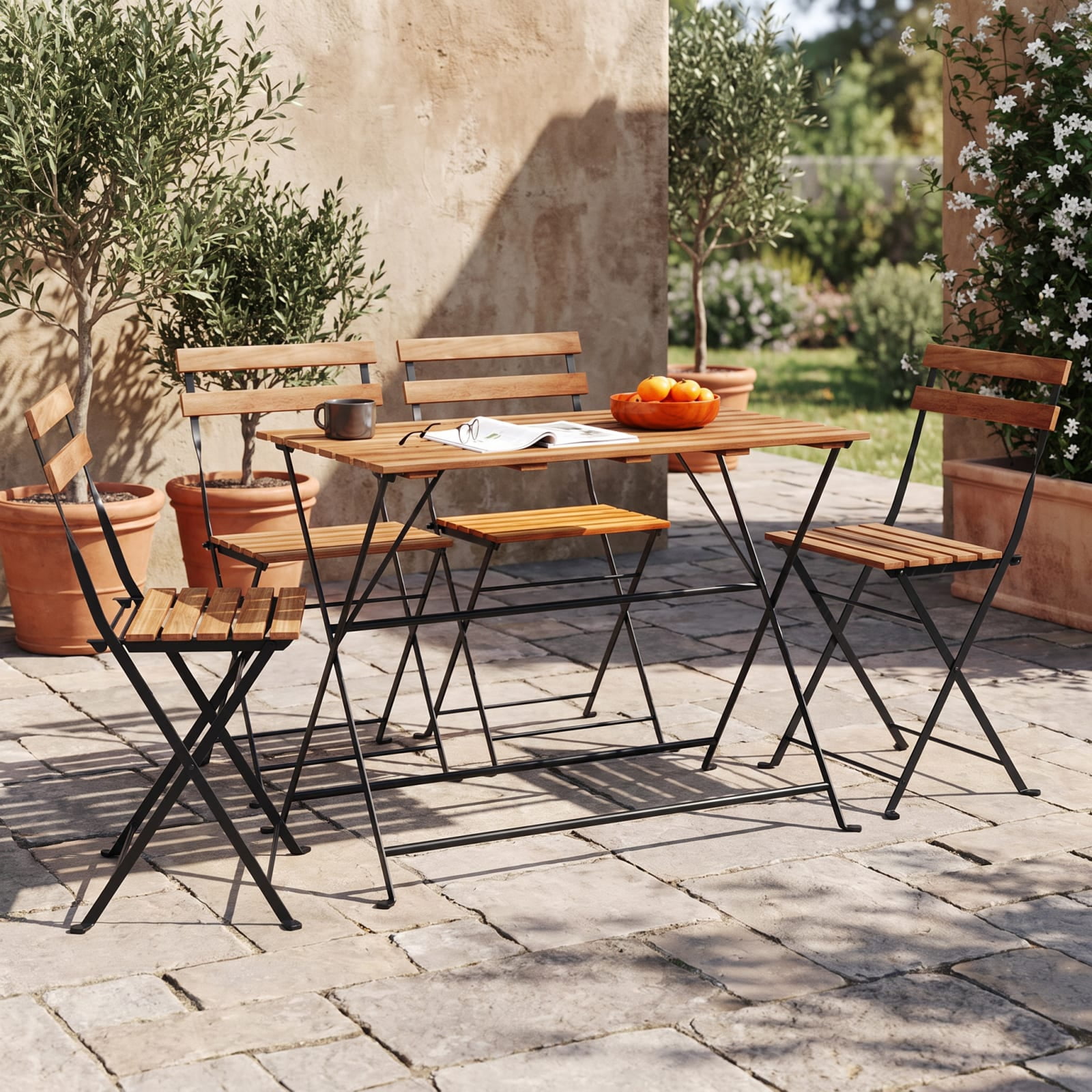 Furnibear 5 Piece Patio Dining Set, Acacia Wood Outdoor Furniture with 4 Folding Chairs and Dining Table for Garden Deck, Black and Brown