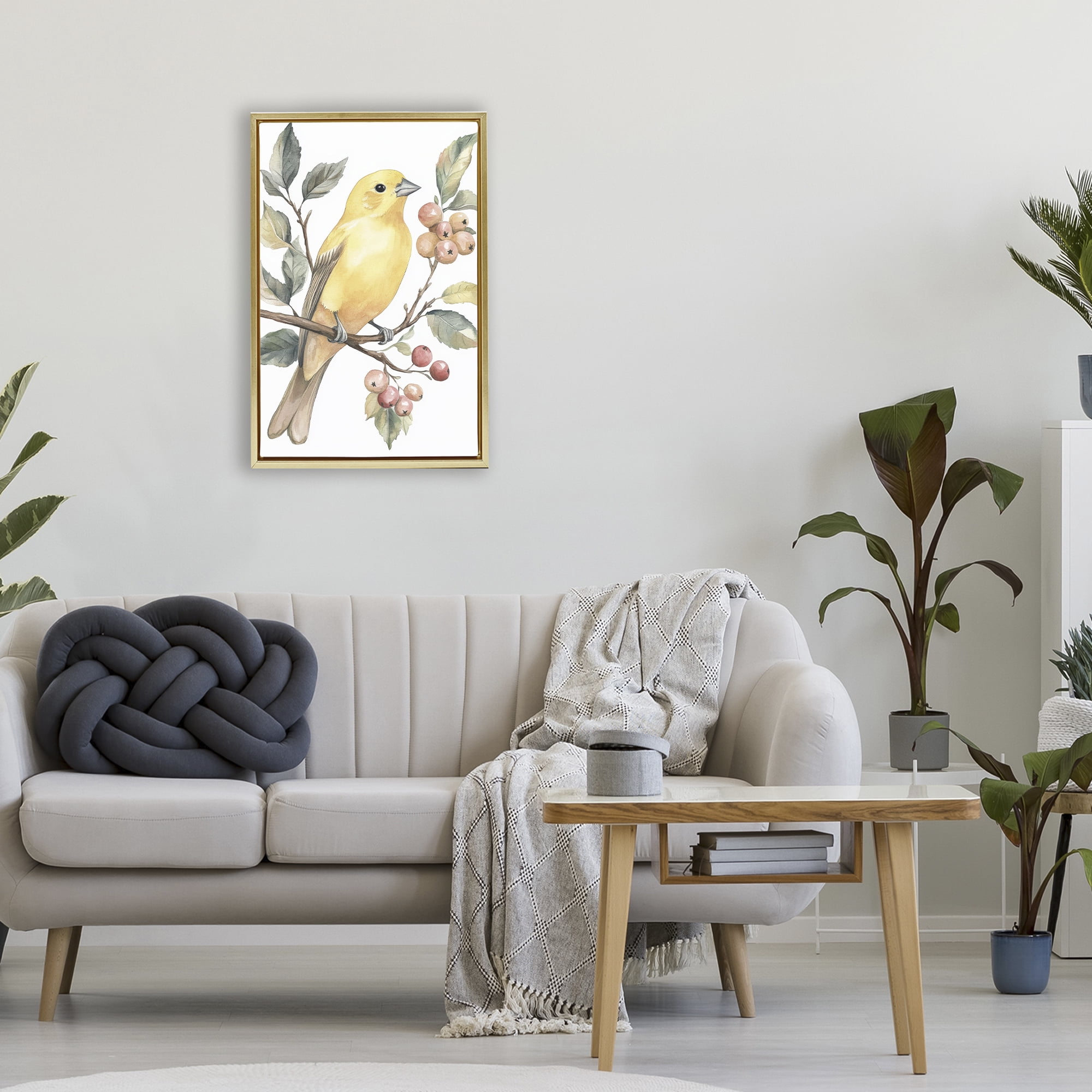 Stupell Industries Sun Lit Bird on Branch Gold Framed Floater Canvas Wall Art, design by Petal Prints Design