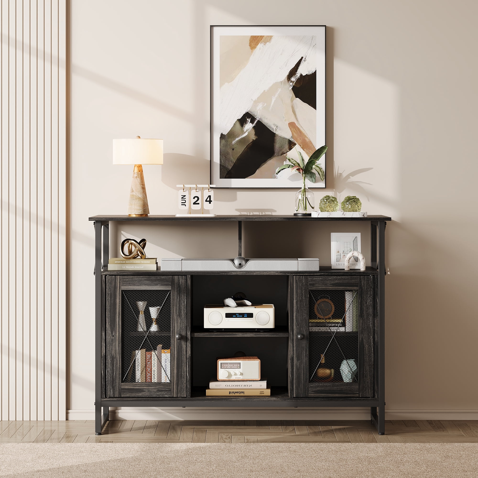 GALAXHERO TV Stand for 43 inch TV Small Entertainment Center with Storage Cabinet & Adjustable Shelves Farmhouse Industrial TV Table for Living Room and Bedroom, 32" TV Console, Black