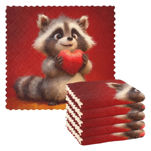6 Pieces of Kitchen Towels 11x11Inch Kitchen Dish Cloths Kitchen Dish Towels Reuseable Cleaning Cloths Valentine's Day Raccoon