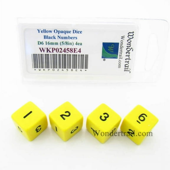 Yellow Opaque Dice with Black Numbers D6 16mm (5/8in) Pack of 4 Wondertrail