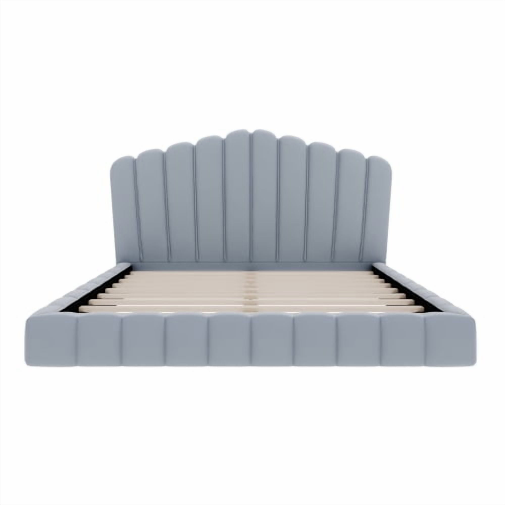 Velvet Upholstered Queen Floor Bed Frame with Shell-Shaped Headboard, No Box Spring Needed, Low Profile Platform Bed for Bedroom, Light Blue