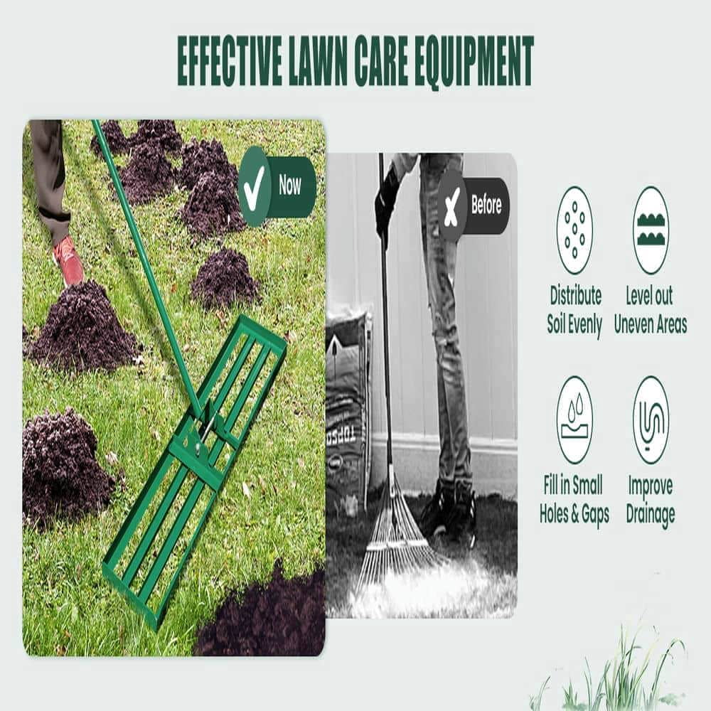 Yardi Yarda 30 x 10 Inch Lawn Leveling Rake, Lawn Care Tool with Ergonomic Handle for Outdoor as Yard, Silver