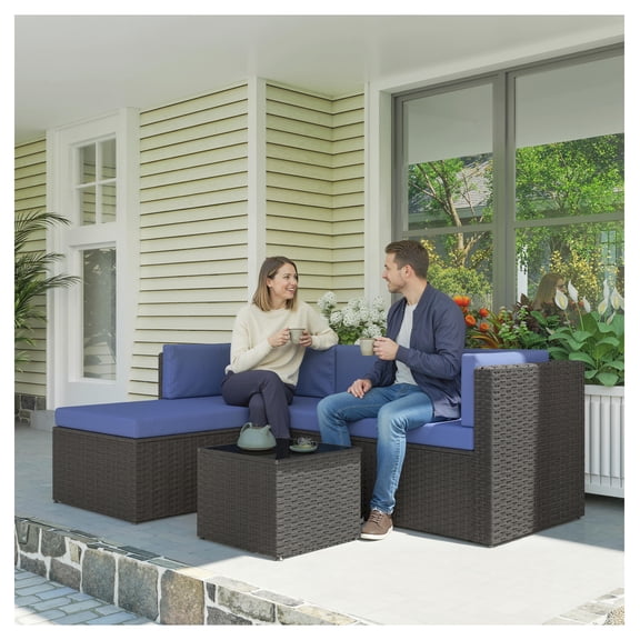 3 Piece Patio Furniture Set, Wicker Outdoor Conversation Set with Cushions & Glass Table, Navy Blue