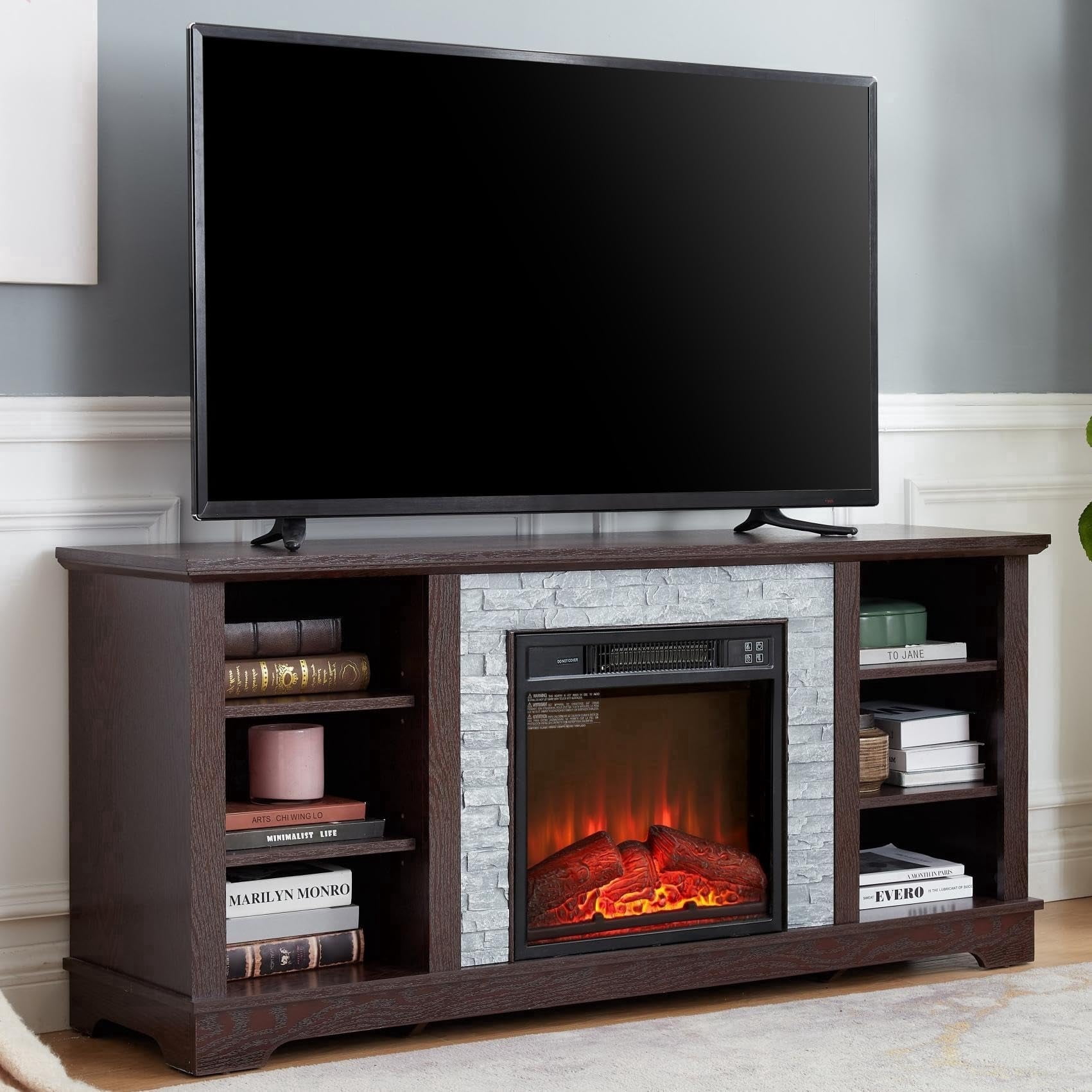 Eyisean 58" W Wooden Entertainment Center with Fireplace, Faux Stacked Stone Surround, TV Stand with 18'' Electric Fireplace, TV Console Table for Living Room