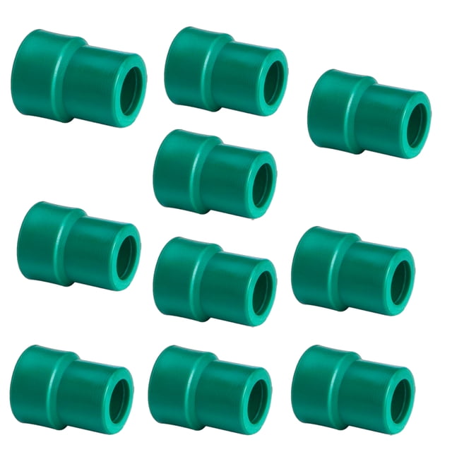 set de 10 reducciones 25 x 20 3/4'-1/2' tuberia baño hogar tuboplus re-140, diez reductores verdes cilíndricos con collar de ajuste y superficie lisa; cuenta con capa interior AB antibacterias y capa exterior UV que protege contra rayos solares, mostrado sobre fondo blanco, ideal para conexiones y reparaciones de plomería doméstica.
