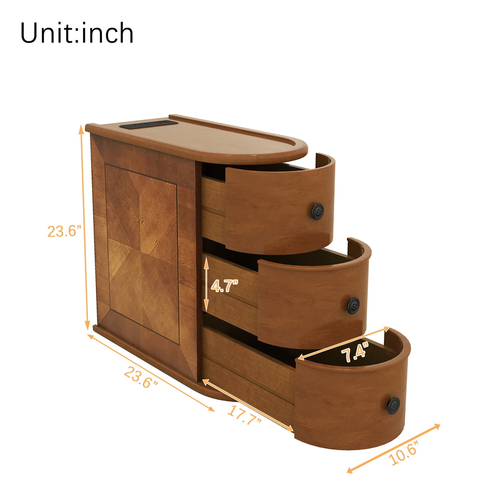 Hommoo Vintage Wood End Table with Charging Station, 3 Drawers Sofa Side Table Nightstand for Bedroom, Living Room, Closet, Walnut