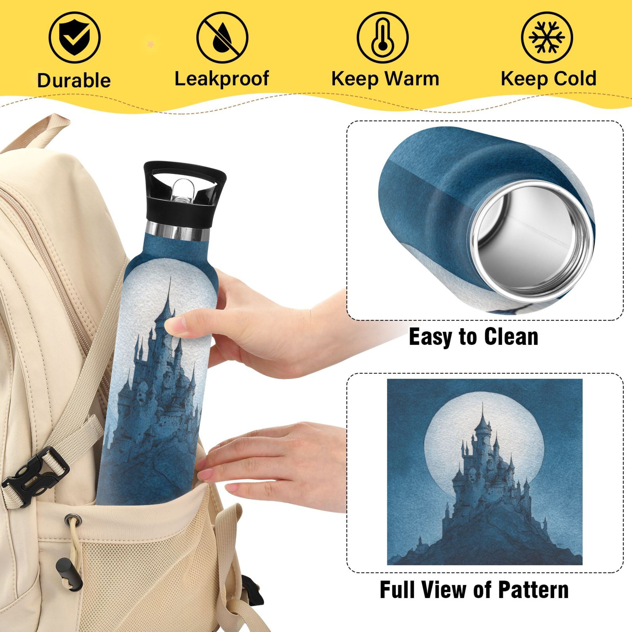 600ML Stainless Steel Insulated Cup Sports Water Bottle Portable Thermos Cup Water Glasses Insulated Tumblers Convenient and Durable Beautiful Blue Castle