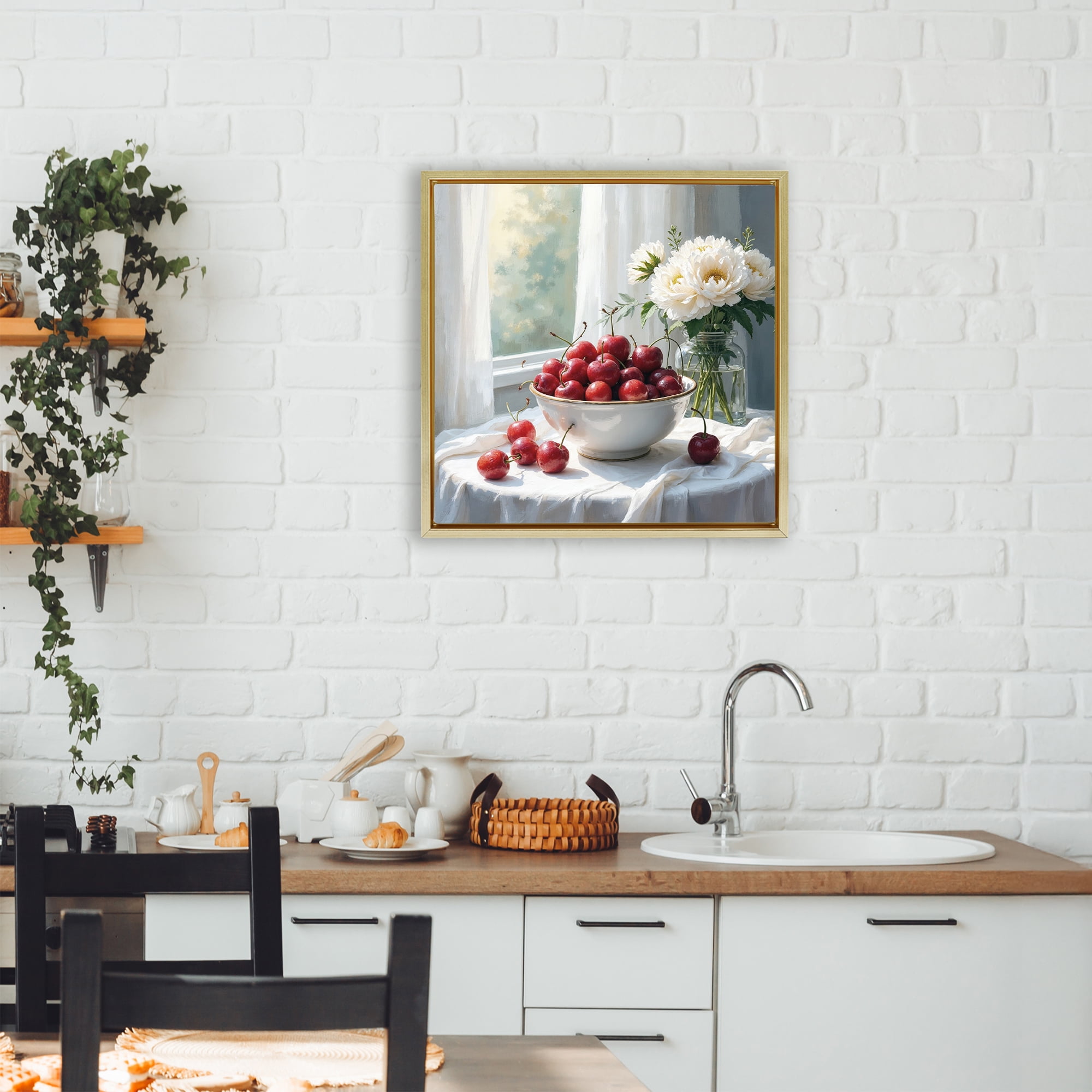 Cherries & Flowers Still Life Gold Framed Floater Canvas Wall Art, design by Lettered and Lined