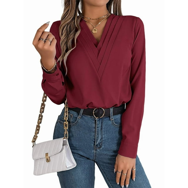 Blusa Plisada de Larga con Cuello en V para Mujer, Ideal para Oficina Rojo XXL