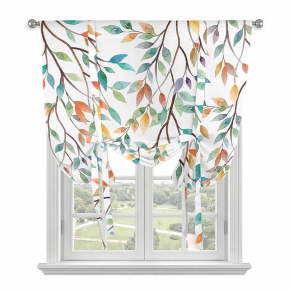 Teal Orange Eucalyptus Tie Up Curtains 45 Inches Long, Kitchen Window Curtains Over Sink, Weeping Botanical Leaves Small Window Curtains Shade Balloon Curtains Valances for Bedroom/Cafe 34"x45"