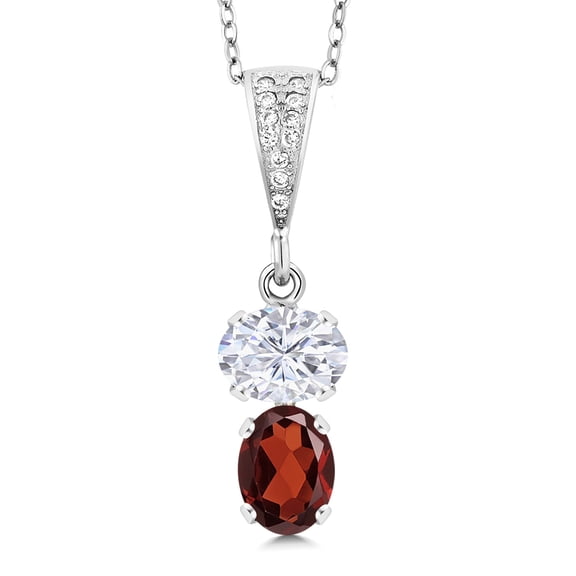 Gem Stone King 925 Sterling Silver White Moissanite and Red Garnet Pendant Necklace for Women (3.11 Cttw, Gemstone, Oval 8x6MM, with 18 inch Chain)