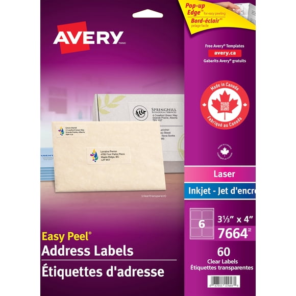 Avery Étiquettes d'Expédition Transparentes 3-1/3 Pouces x 4 Pouces avec Pelage Facile pour Imprimantes Laser/jet d'Encre, 3-1/3 Pouces x 4 Pouces, Fini Lustré Clair, Rectangle, 60 Étiquettes, Permanent (7664) Fabriqué au Canada