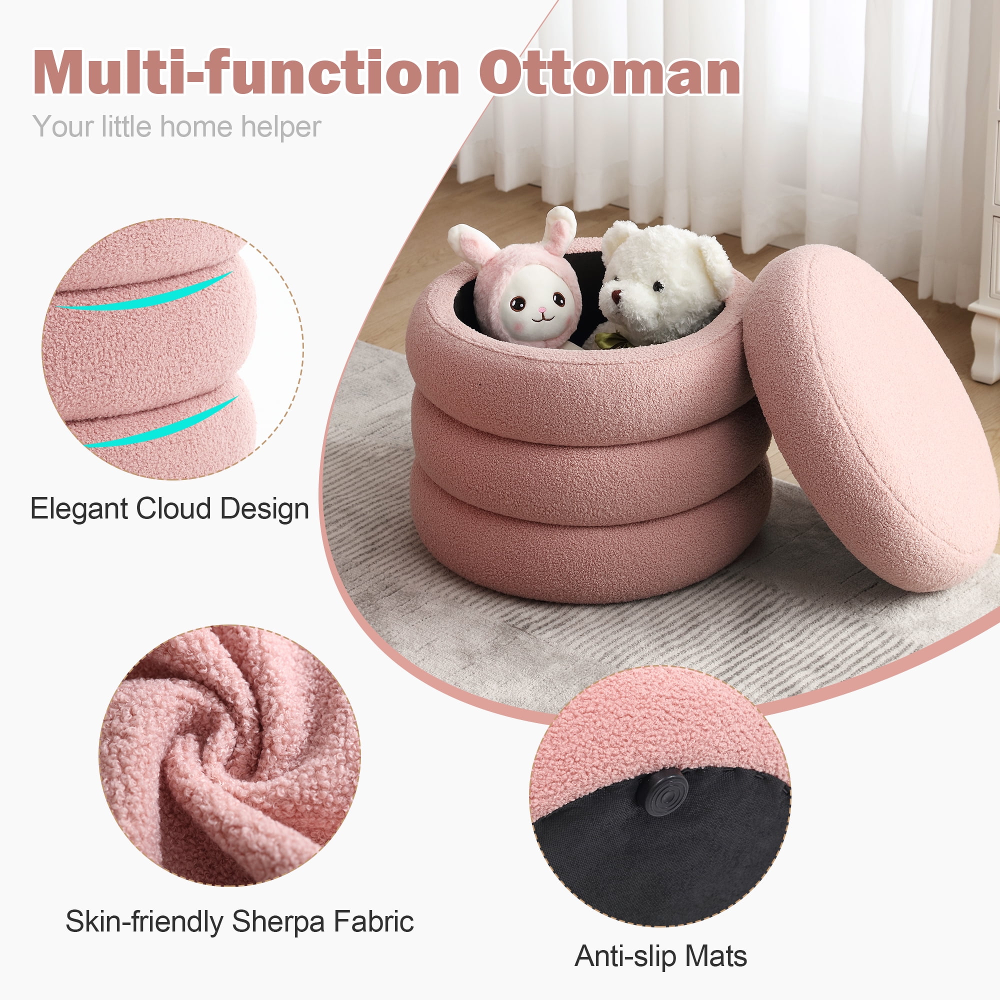 Zesthouse 20.1" Wide Round Boucle Storage Ottoman, Tufted Sherpa Ottoman Footstool for Living Room Bedroom, Pink