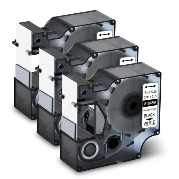 GREENCYCLE 3PK Industrial Flexible Nylon Label Tape Compatible for Dymo 18489 Black on White Rhino 4200 5000 5200 6000 3M PL300 Label Printer (3/4" 19mm x 11.5ft 3.5m)