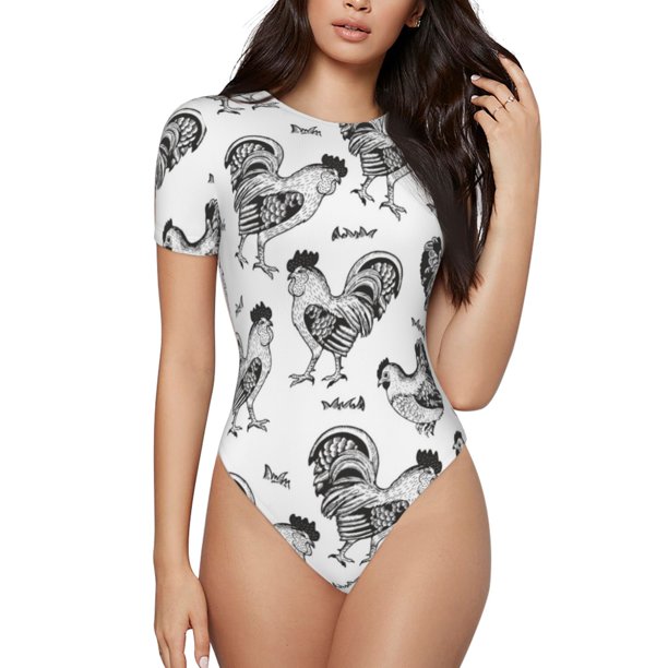 Balery Retro Rooster Body de cuello redondo de manga corta para mujer Tops de manga corta Tops básicos-XX-Large