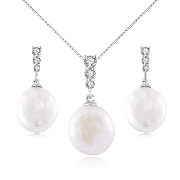 YAMI 11 mm Button White Pearl Necklace & Earrings Set, 925 Sterling Silver, Three-Diamond CZ, Cultured Pearl  Valentine's Day Jewelry Gift for Women