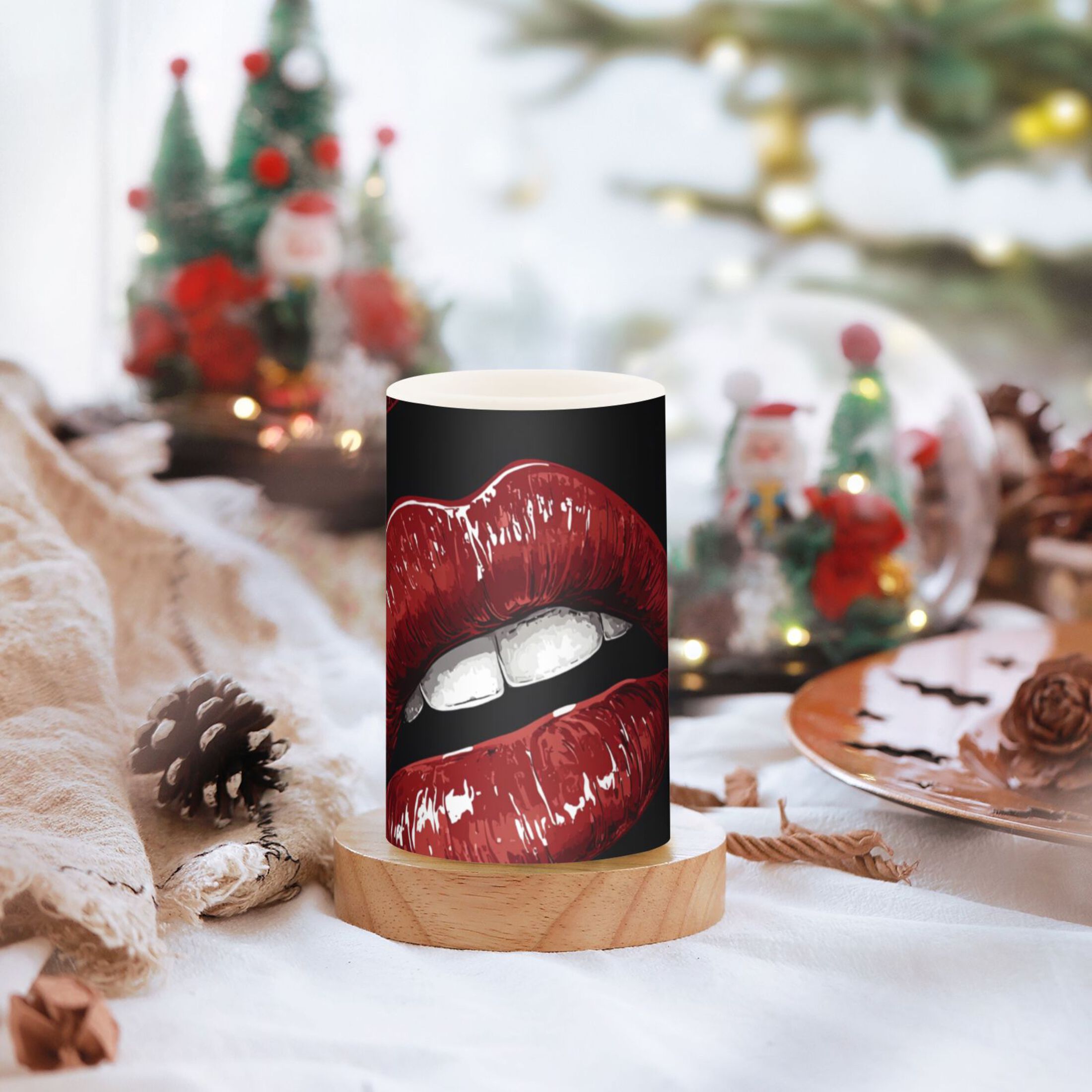 Sexy Red Lips Flickering Flameless Candles LED Tealight Battery Operated with Remote Set of 2 Holiday Decor Ornaments