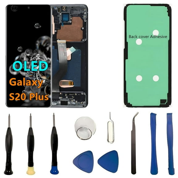 OLED Galaxy S20 Plus LCD Screen Replacement for Samsung Galaxy S20 Plus 5G Display Touch Screen Digitizer Assembly SM-G986U SM-G986U1 Support Fingerprint. (with Black Frame Back Cover Adhesive Tools)