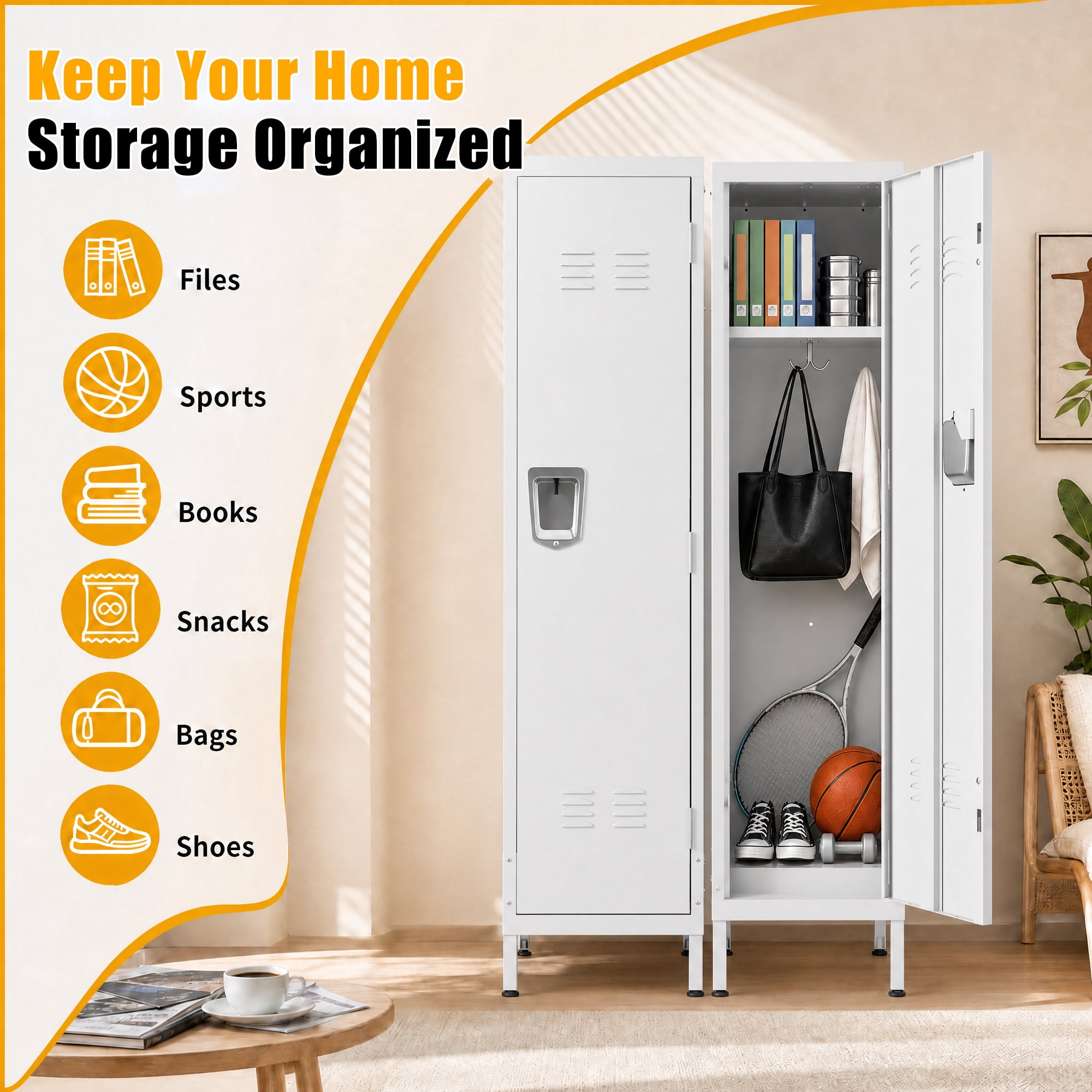 HOQBN 55" Tall Metal Wardrobe Cabinet,Waterproof Steel Clothing Storage Locker with Ventilated Door,Lock & Side Hooks,Vertical Bedroom Wardrobe for Small Apartment Home Office,White
