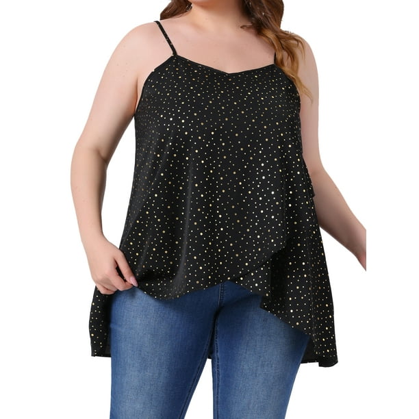 GRACE & GRANDEUR Cami Casual Suelto de Talla Grande para Mujeres, Sin Mangas con Lunares, Tops de Camiseta Fluidos 3X Negro
