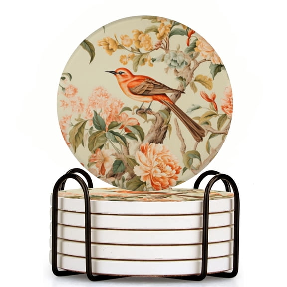 Bird In The Style Of Chinoiserie Set of 6 Ceramic Coasters with Holder, Absorbent Drink Bar Coasters, Table Coasters for Living Room Decor Tabletop Protection