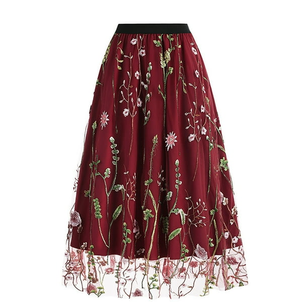 Gibobby faldas largas de mujer casuales Falda bordada a la moda para mujer, falda corta holgada con cintura elástica y bolsillo en forma de A(Rojo, XL)