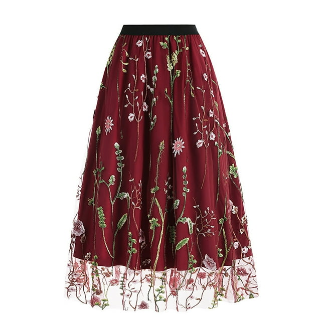 Gibobby faldas largas de mujer casuales Falda bordada a la moda para mujer, falda corta holgada con cintura elástica y bolsillo en forma de A(Rojo, M)