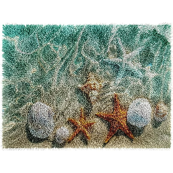Starfish Shells and Conch on Beach Latch Hook Rug kits Color Printed Crochet Yarn Needlework DIY Hooking Latch Kit Carpet Rug Cover Mat for Christmas Chair Cushion Floor Decoration 52x38cm(12)