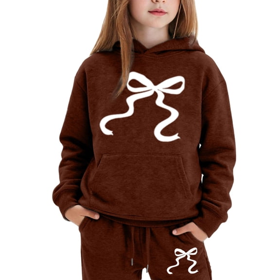 RUTAYY Girls 2 Piece Casual Outfit Long Sleeve Graphic Print Hooded Tops Drawstring Waist Jogger Pants Kids Daily Kids Tracksuit Brown