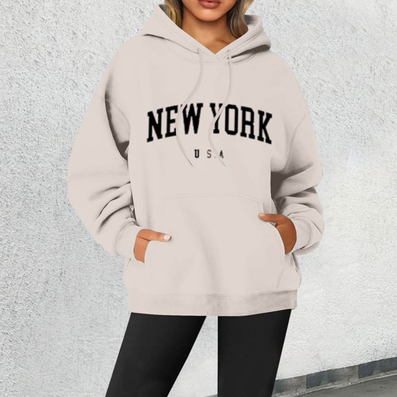 FAOWME Women's Hoodies With Pocket Long Sleeve Drawstring Letter Print Casual Comfortable Warm Sweatshirt For Fall Winter Daily Wear Beige L