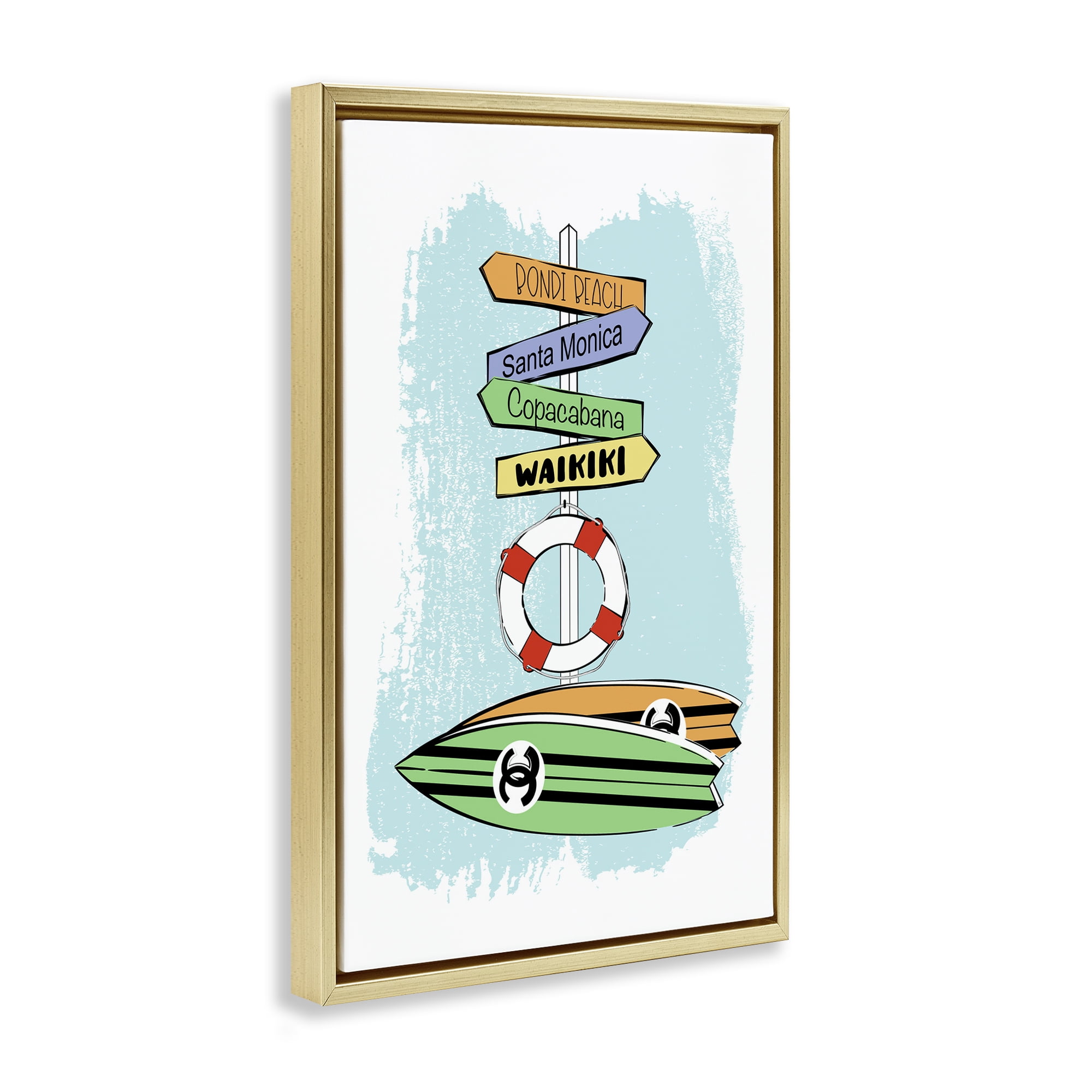 Stupell Industries Glam Surfboards & Sign Coastal Painting Gold Floater Framed Art Print Wall Art, 21 x 31