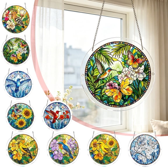Snmubt DIY Stained Glass Suncatcher C, 83 Pieces Acrylic Round Puzzle, 7.4 Inch Window Hang For Office, Christmas Gift For Art Lovers