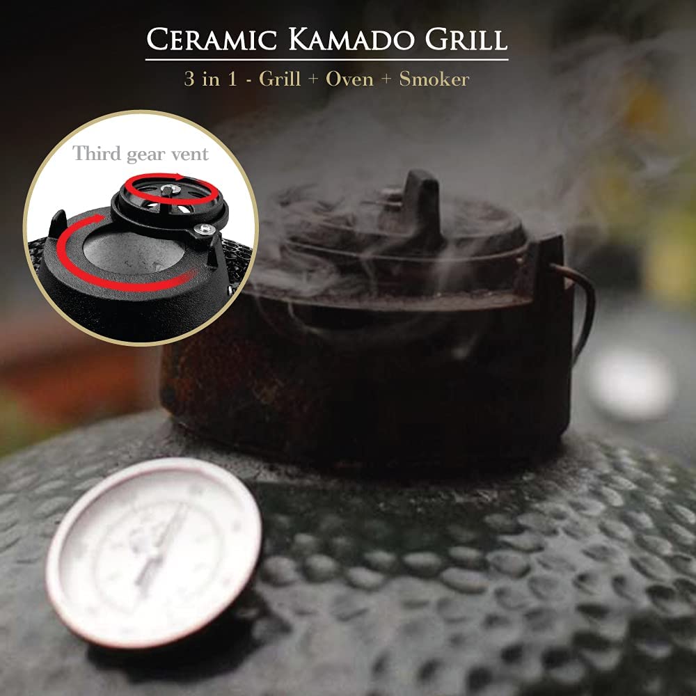 HUMOS - 20" CERAMIC KAMADO GRILL. BLACK. COOKER + OVEN + SMOKER. WITH TROLLEY WITH WHEELS AND CAST IRON VENT - image 5 of 5