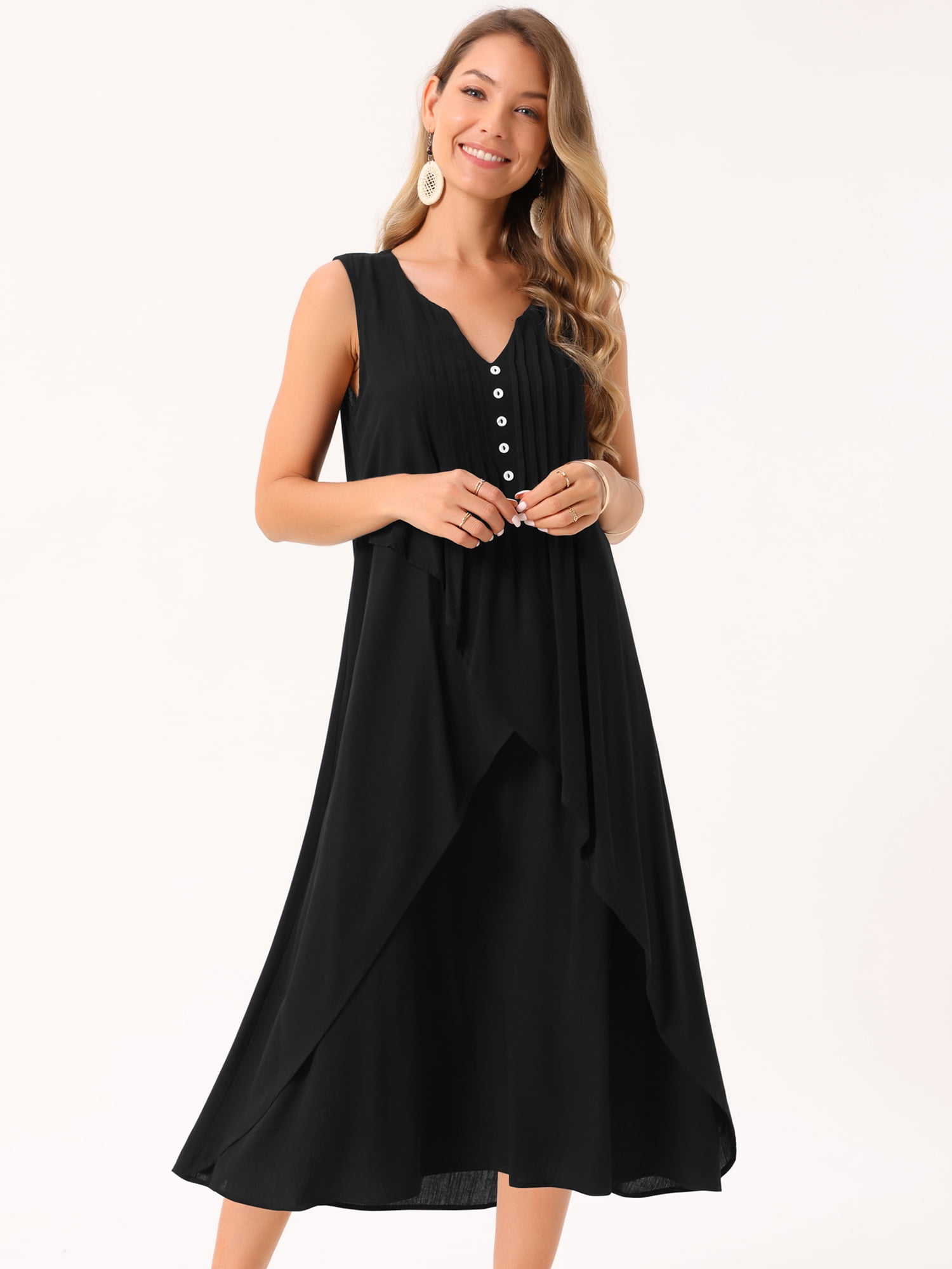DARING DIVA Ruffle Sleeveless V Neck Pleated Flowy Maxi Dress S Black
