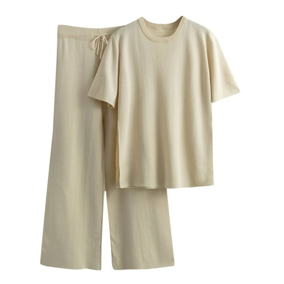 YOTMKGDO 2 Piece Sets for Women Women Temperament Loose l Short Sleeve O Neck Top Wide Leg Pants Knitted Two Piece Suit