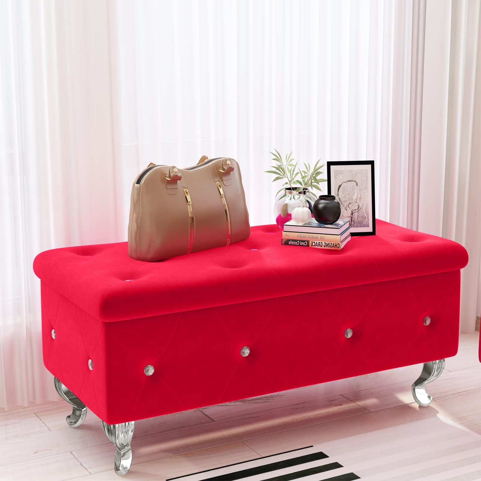 AWQM Upholstered Storage Ottoman, 37.4 Inch Storage Bench with Button
